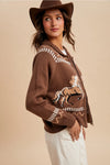 Western Horse Zip Front Cardigan in Mocha