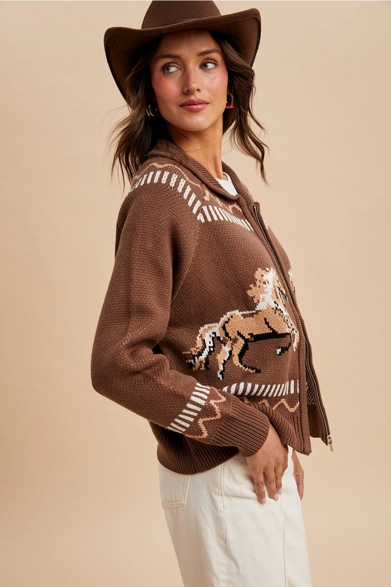 Western Horse Zip Front Cardigan in Mocha