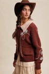 Collared and Embroidered Cardigan in Brown