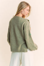 Floral Embroidered Pullover Sweater in Olive
