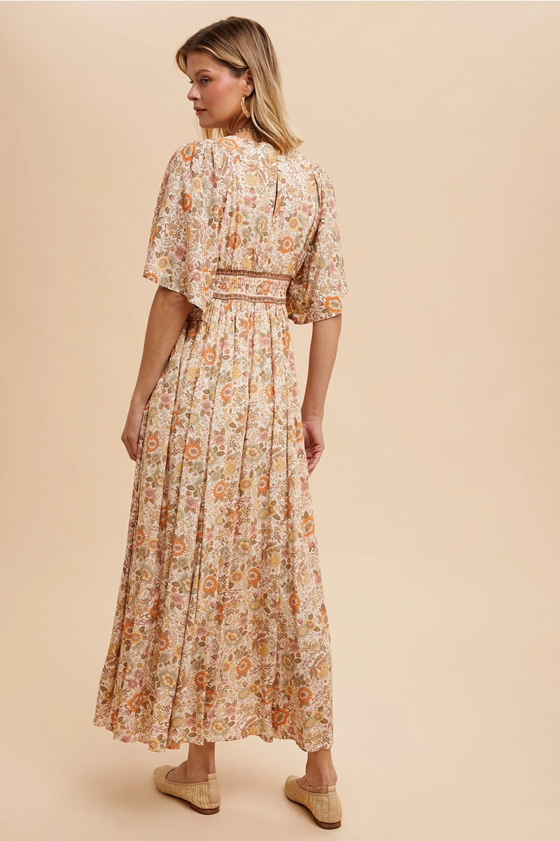 Border Print Flutter Sleeve Maxi Dress