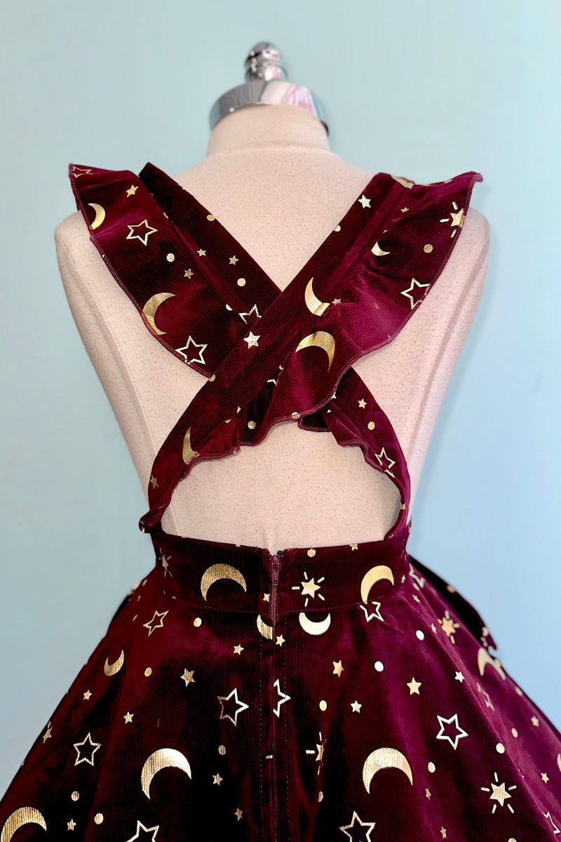 Burgundy and Gold Ruffle Strap Pinafore Dress