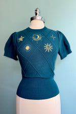 Celestial Gold Embroidered Short Sleeve Sweater in Green by Modern Millie!