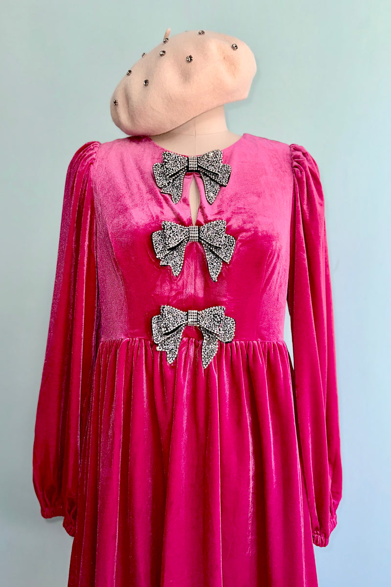Pink Velvet Rhinestone Bow Mini Dress Modern Millie Pink Velvet Rhinestone Bow Mini Dress Modern Millie