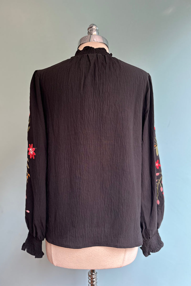 Black Floral Embroidered Long Sleeve Top