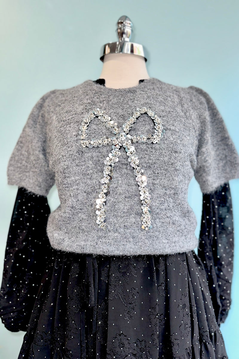 Sequin Bow Grey Short Sleeve Sweater by Molly Bracken