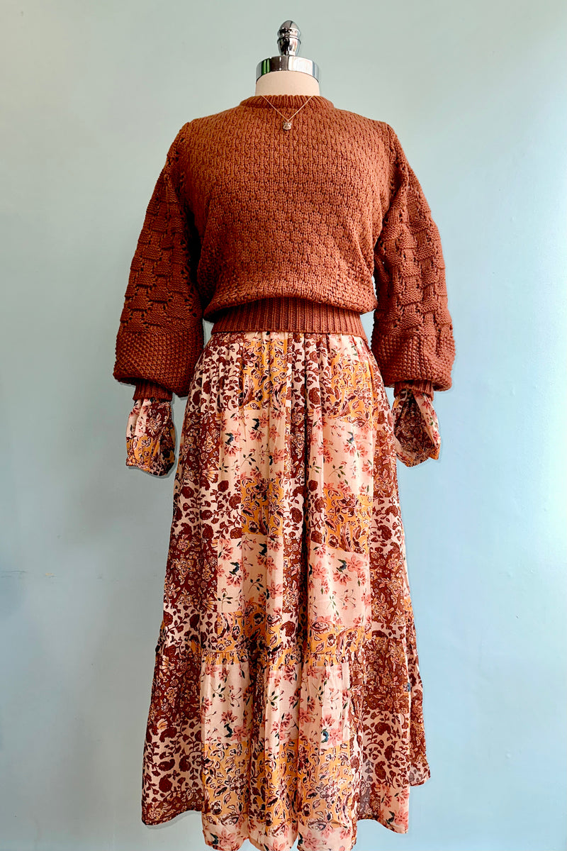 Brown and Mustard Floral Patchwork Midi Dress