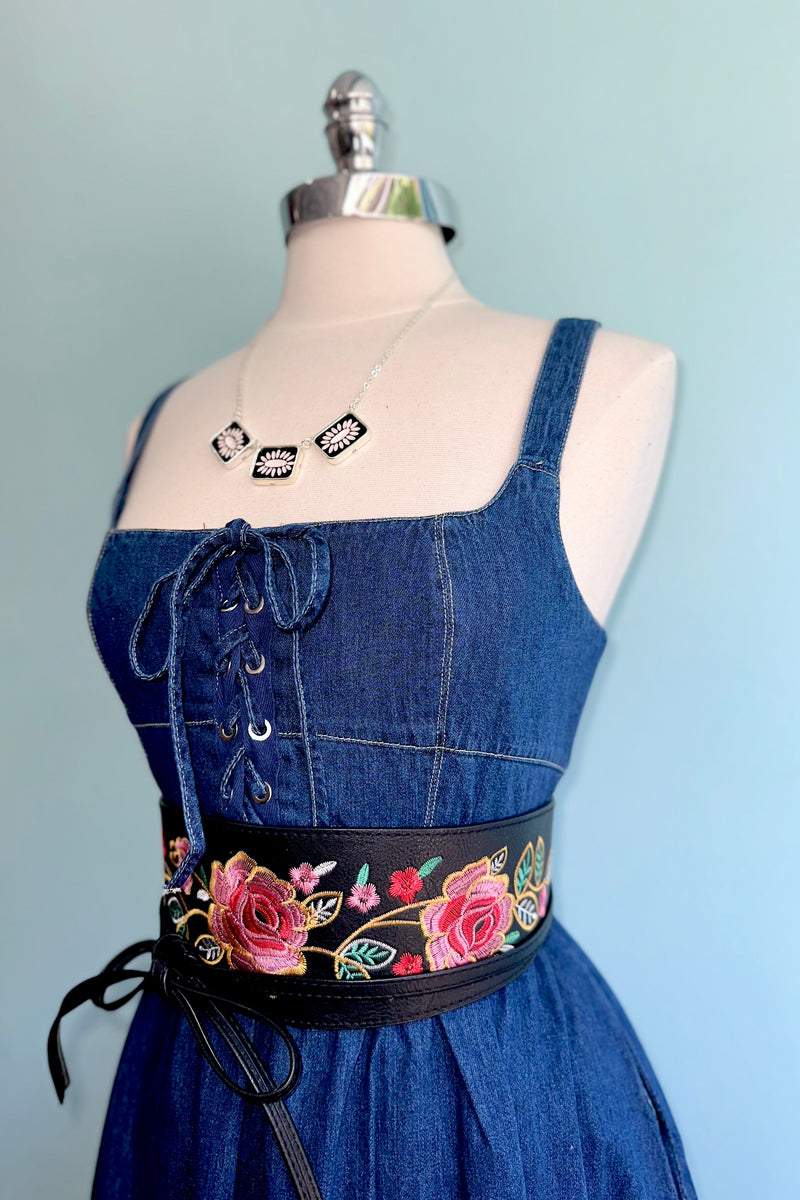 Lace Up Sleeveless Denim Midi Dress