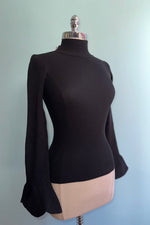 Black Mock Neck Sweater with Scalloped Sleeves