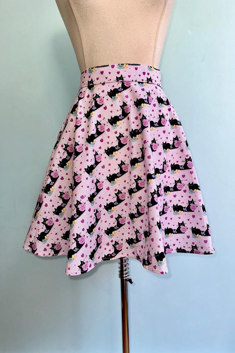 Pink Conversation Hearts and Black Cats Skater Skirt by Retrolicious