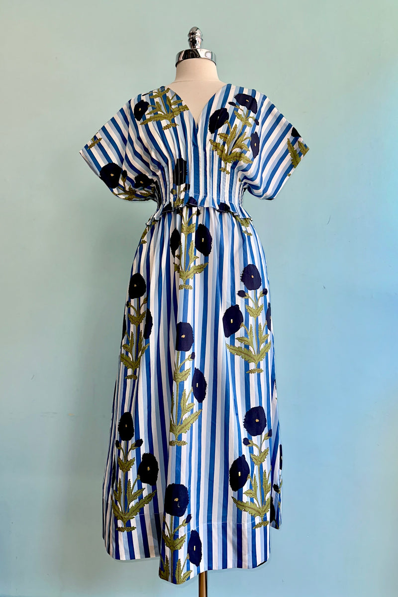blue striped floral dress Blue and Ivory Print Midi Summer Dress with Buttons Ivory Blue Stripe Floral / Small