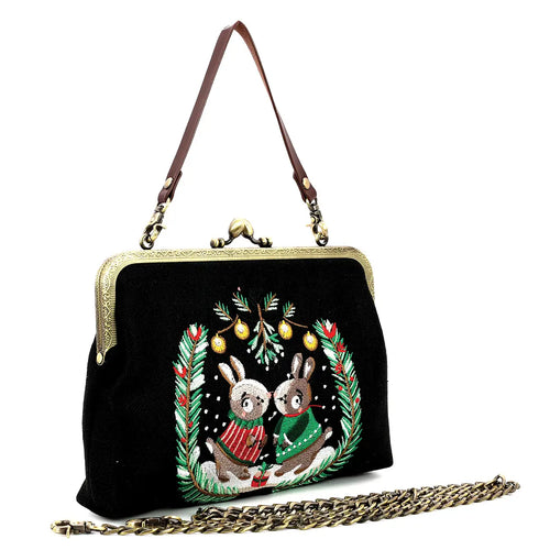 Bunnies Kissing Under Mistletoe Kiss Lock Bag in Linen