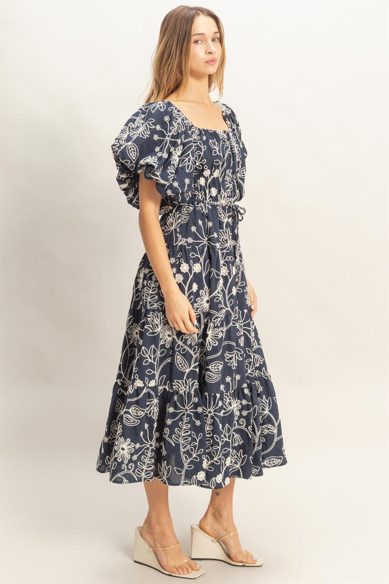 navy puff sleeve midi dress Navy V Neck Puffed Sleeve Midi Dress