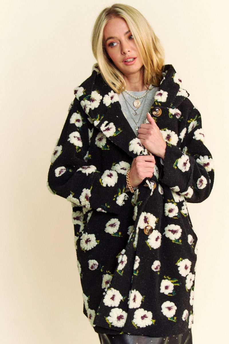 Black Hoodie Jacket with White Fluffy Flowers