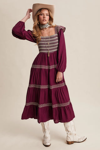 Burgundy Western Inspired Maxi Dress Large