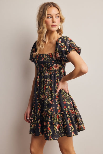 Black Floral Puff Sleeve Mini Dress – Modern Millie