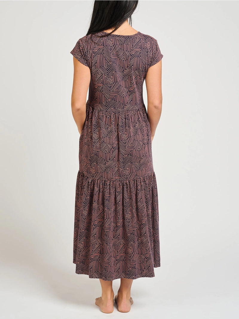 Tree Rings Navy and Pink Tiered Jersey Dress by Mata Traders