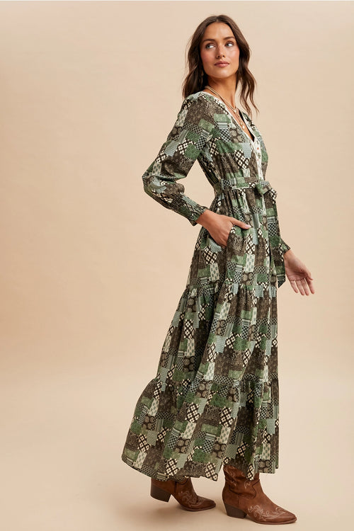 Patchwork Long Sleeve Maxi Dress