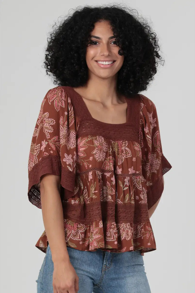 Lace Trim Tiered Top in Rust by Angie