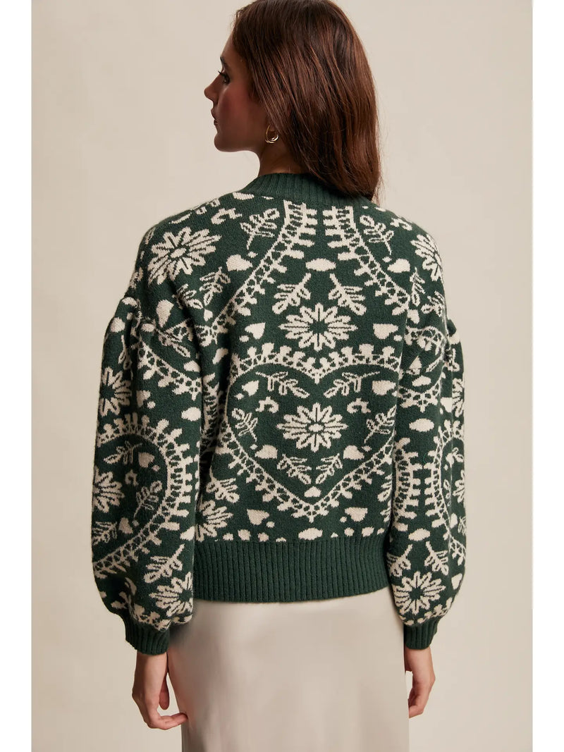 Heart Jacquard Green Knit Sweater