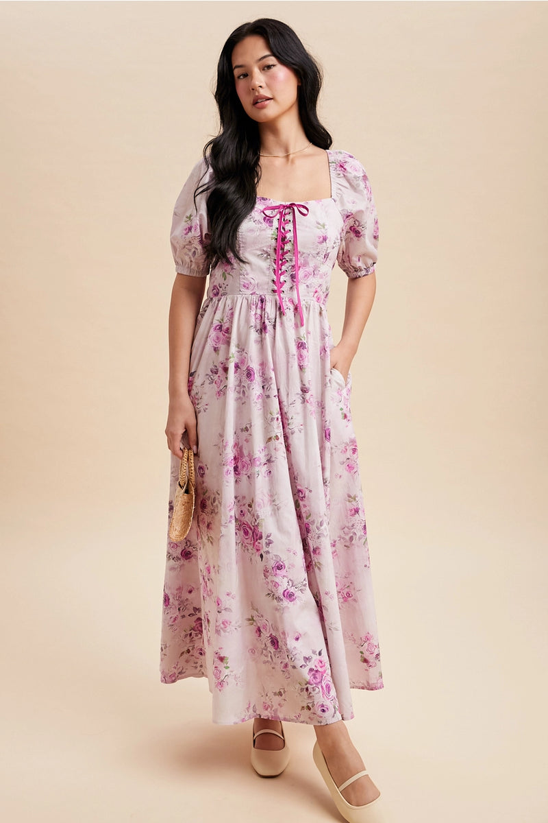 square neck floral corset lace up midi dress Orchid Floral Corset Lace-Up Balloon Sleeve Midi Dress