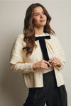 Cable Knit Capelet Cardigan with Velvet Bow in Ivory