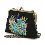 Peacock Embroidered Kisslock Bag in Black