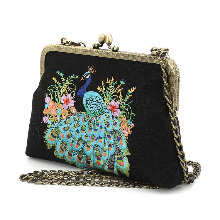 Peacock Embroidered Kisslock Bag in Black