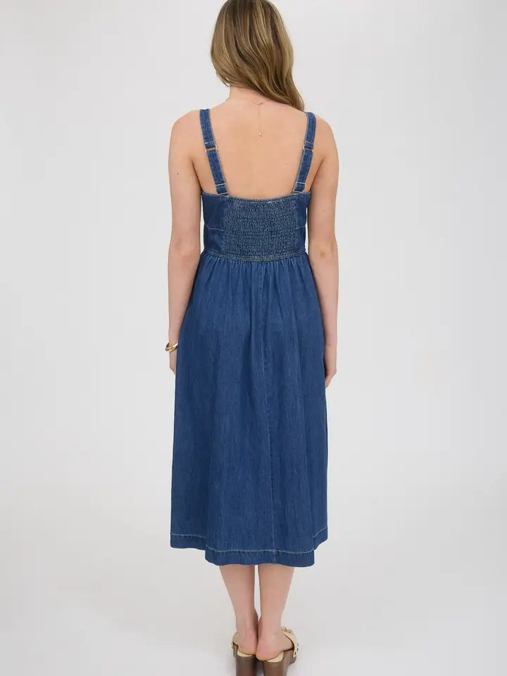 Lace Up Sleeveless Denim Midi Dress