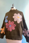 Olive Pullover Sweater with Large Flowers