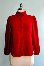 Lantern Sleeve Button Down Blouse in Red