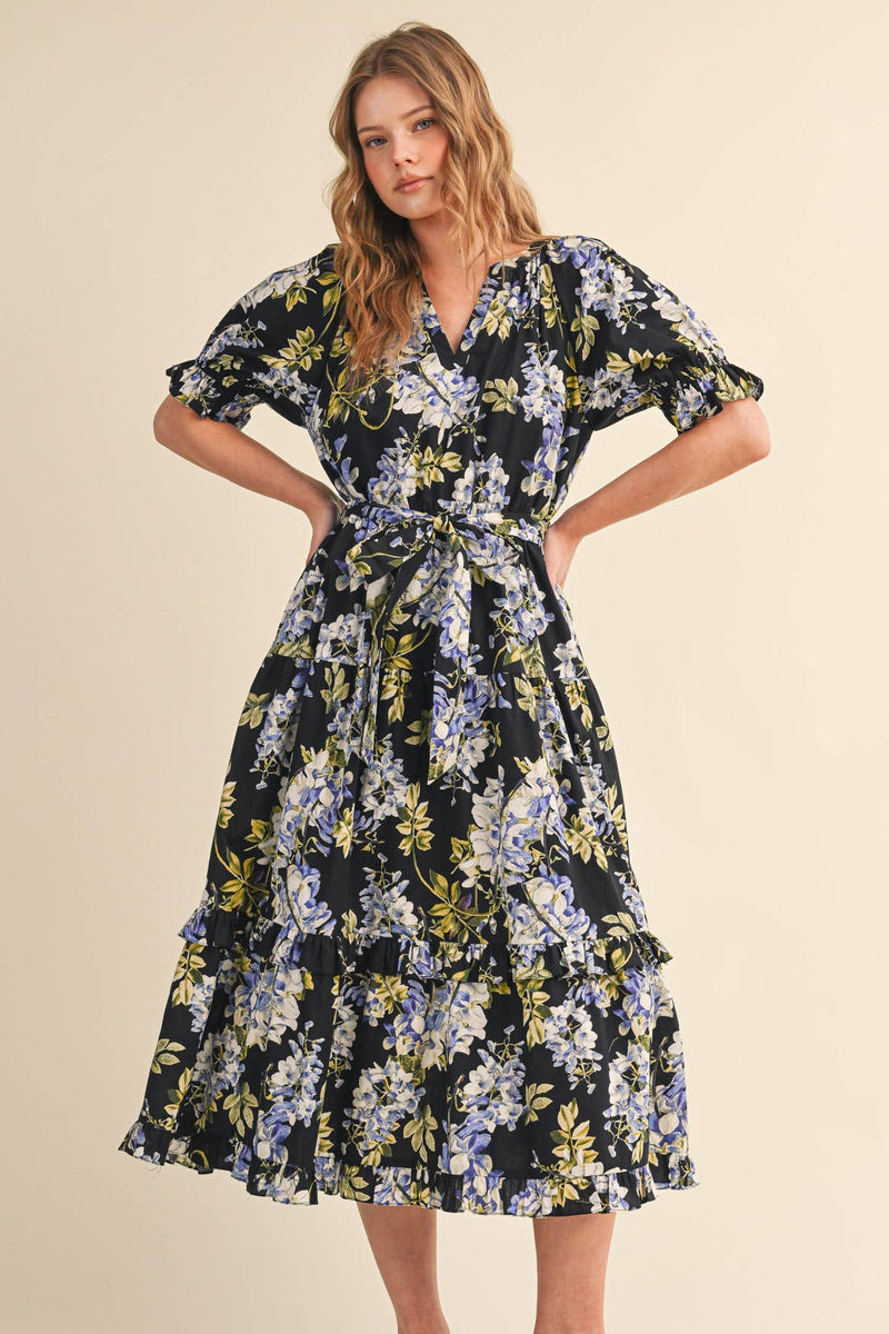Black Floral Belted Midi Dress – Modern Millie Black Floral Belted Midi Dress – Modern Millie