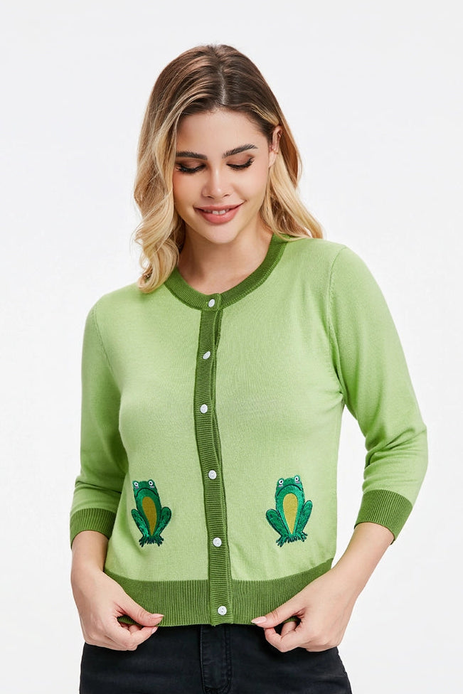Frogs in Bloom Embroidered Leslie Cardigan by Miss Lulo – Modern