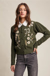 Puff Sleeve Embroidered Floral Cardigan in Dark Olive