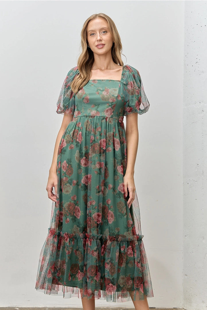 Green Floral Tulle Smocked Midi Dress