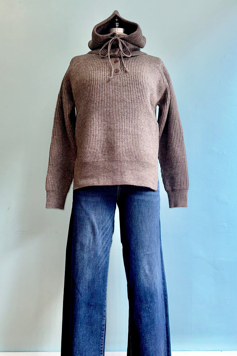 Detached Hood Button Front Knit Sweater in Mocha