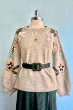 Floral Embroidered Pullover Sweater in Olive
