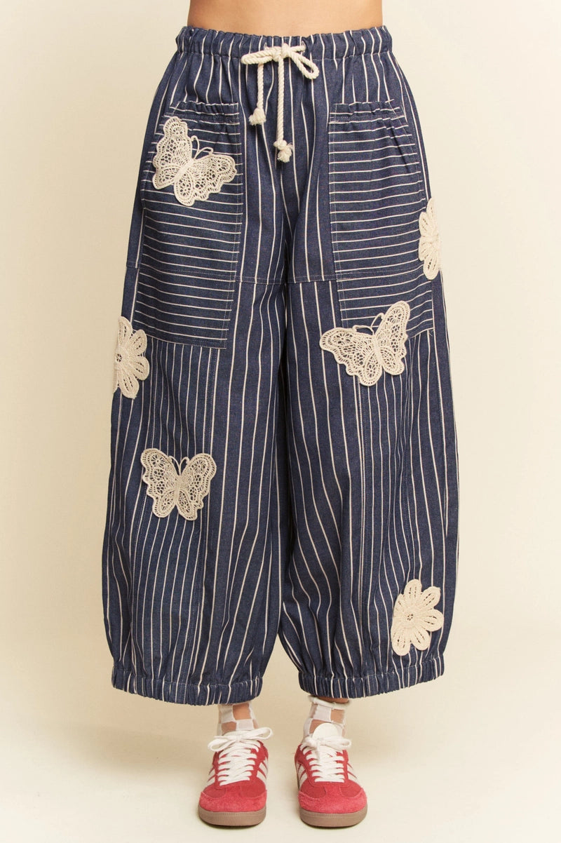 Butterfly Striped Barrel Pants in Navy