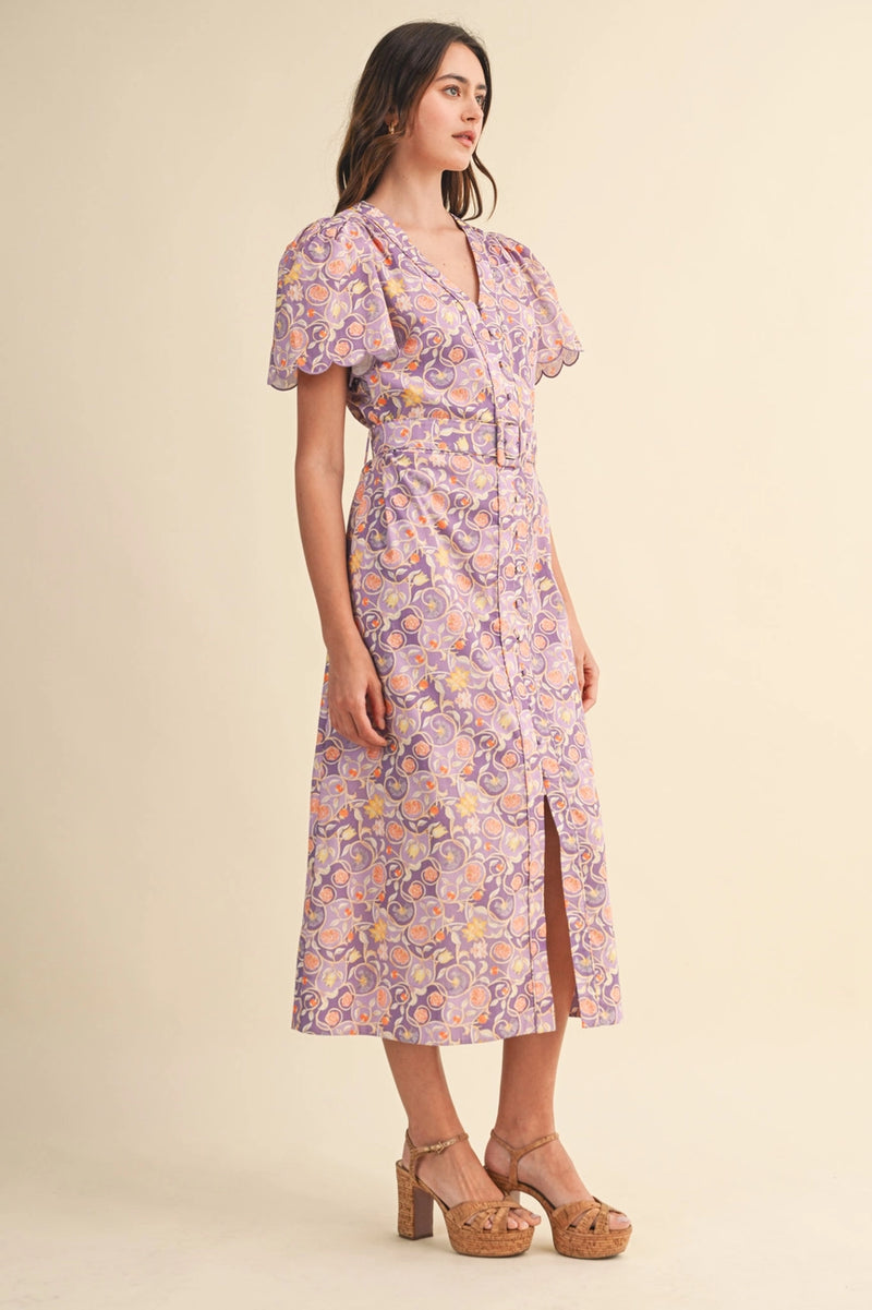 purple floral midi dress Short Sleeve Purple Floral Belted Midi Dress – Modern Millie