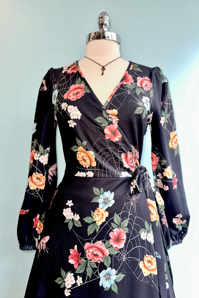 Floral Moth and Web Midi Wrap Dress by Voodoo Vixen