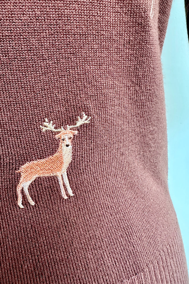 Brown Embroidered Deer Short Sleeve Sweater by Banned