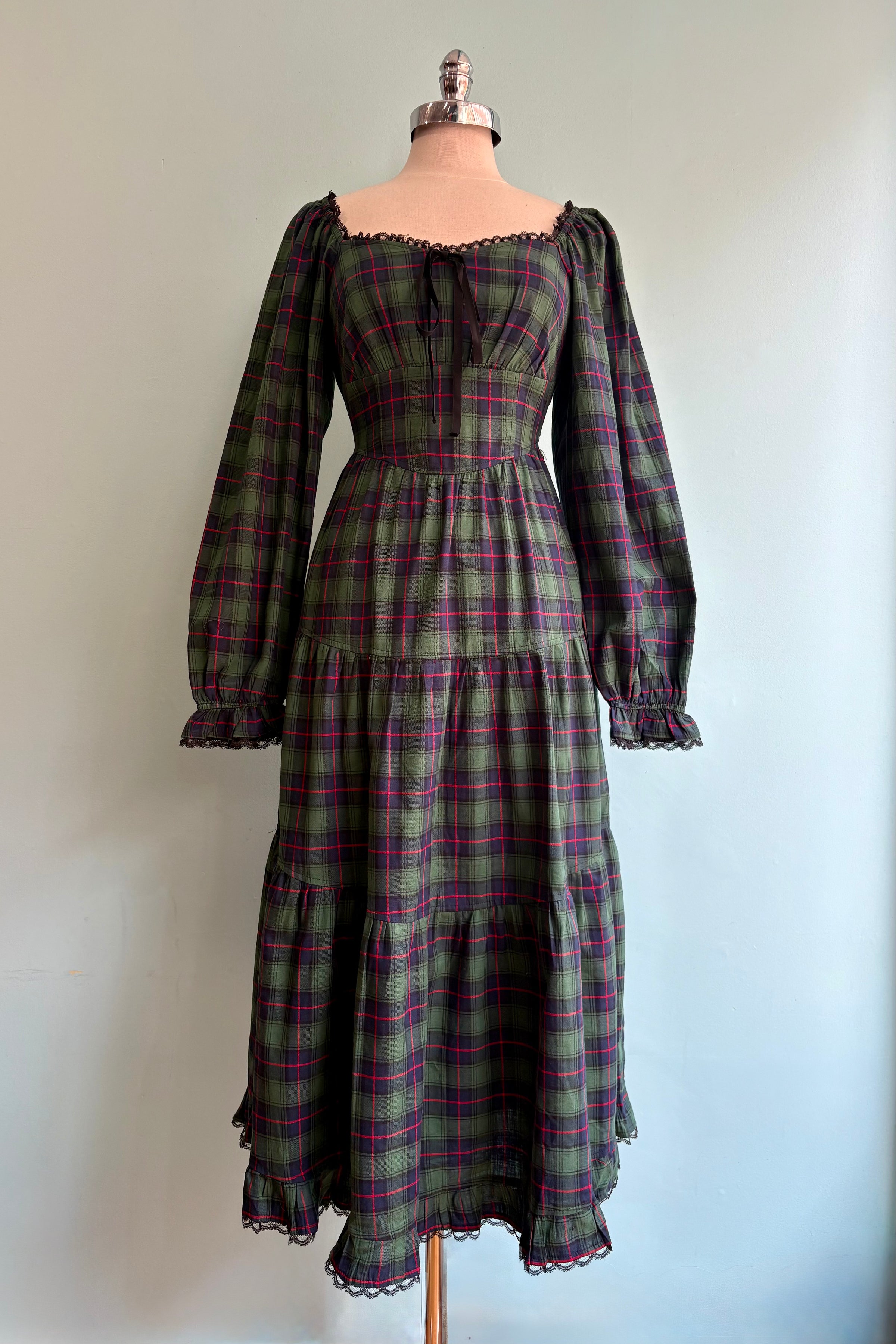 Green Plaid Lace Detail Smocked Maxi Dress Medium