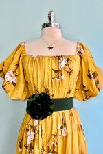 Mustard Floral Puff Sleeve Midi Dress