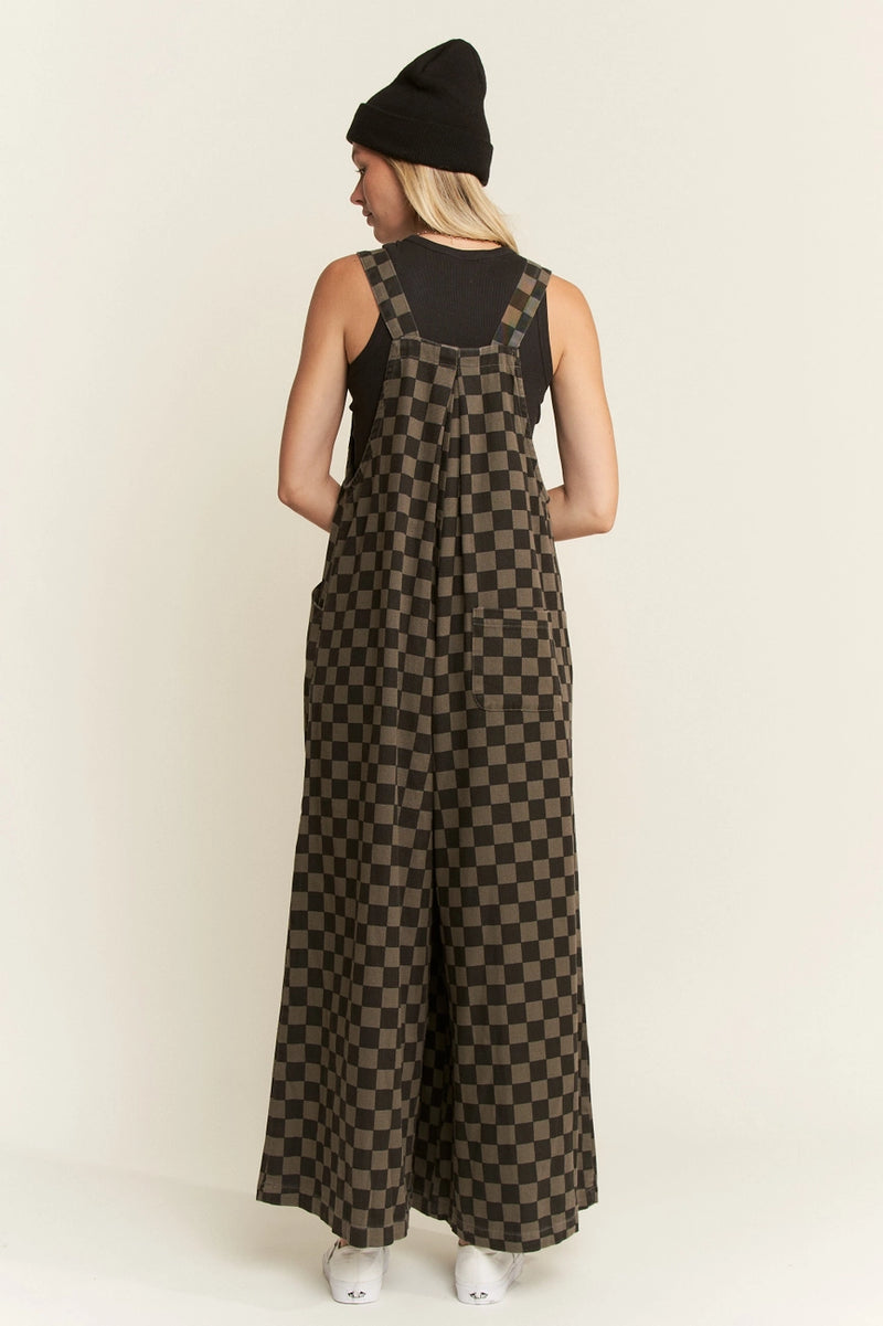 Black & Charcoal Checkerboard Denim Wide Leg Jumpsuit