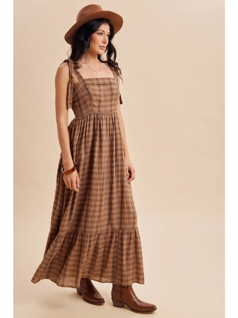 Brown Plaid Tie Shoulder Maxi Dress Small