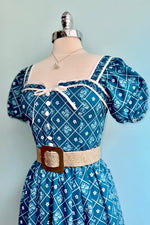 French Country Puff Sleeve Dress in Blue