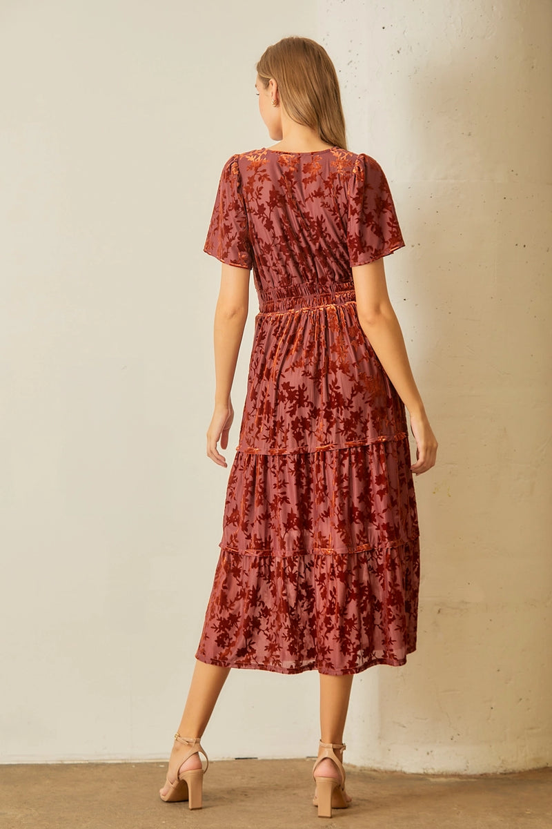 Burnout Velvet Midi Dress in Burgundy