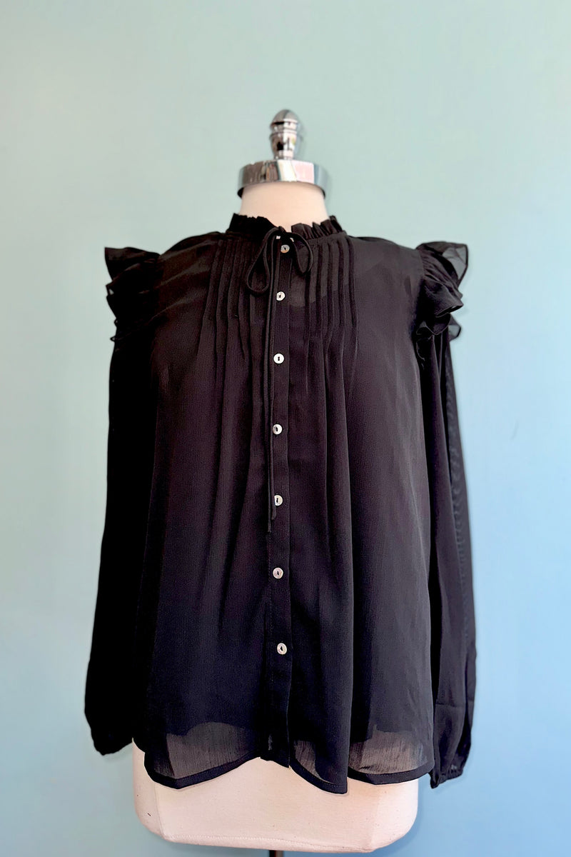 Black Ruffle Button Down Blouse by Molly Bracken