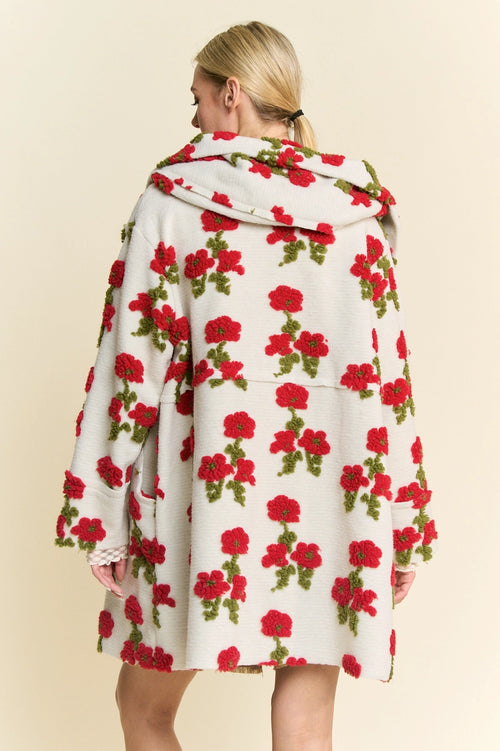 Ivory Hoodie Jacket with Red Flowers