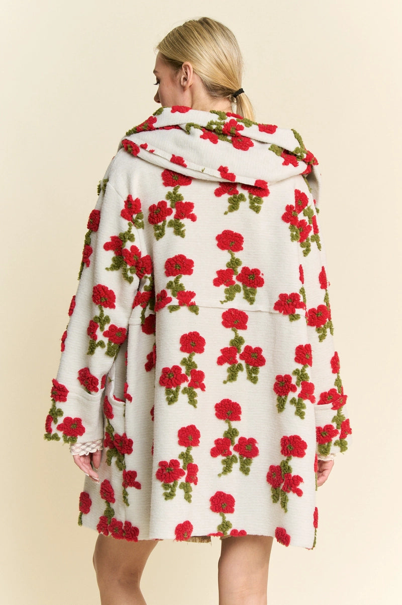 Ivory Hoodie Jacket with Red Flowers